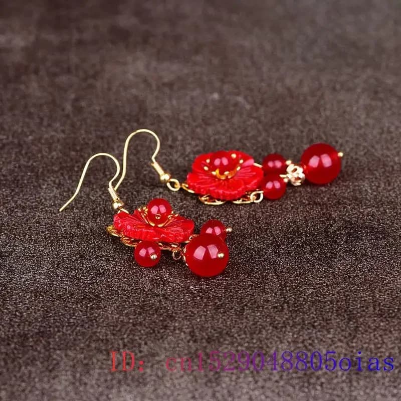 Boucles d'oreilles fleur de Jade rouge, bijoux amulette de pierres précieuses en Zircon, cristal naturel, cadeaux à la mode pour femmes, calcédoine, breloque porte-bonheur