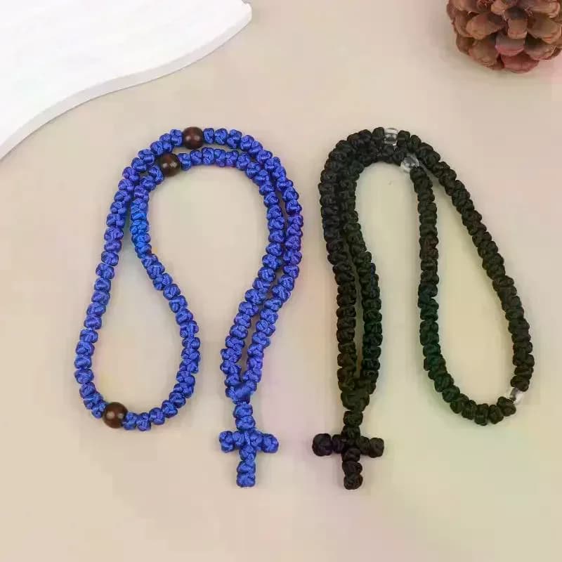 Collier Komboskini noir/bleu fait main, chapelet orthodoxe religieux, bijou croix, cadeau