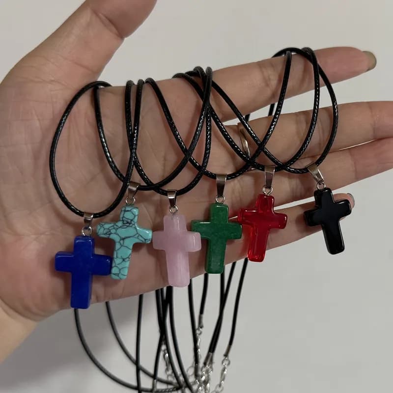 Pendentif croix en pierre naturelle bohème, corde en cuir noir, Quartz Rose, Onyx, opale, œil de tigre, bijoux classiques décontractés