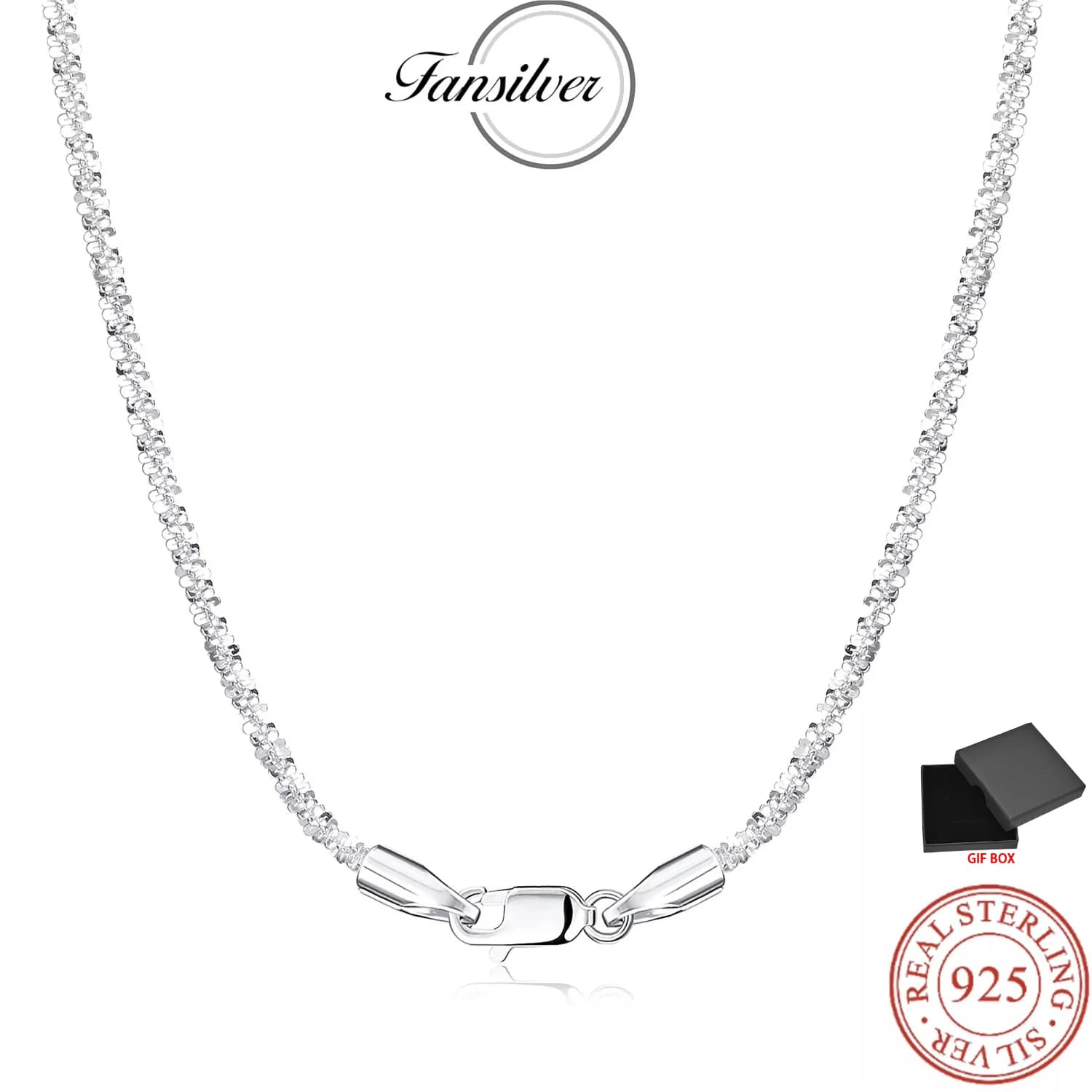 Fansilver S925 argent Sterling 2MM chaîne fantaisie collier pour femmes hommes argent homard griffe fermoir cou chaîne avec boîte-cadeau