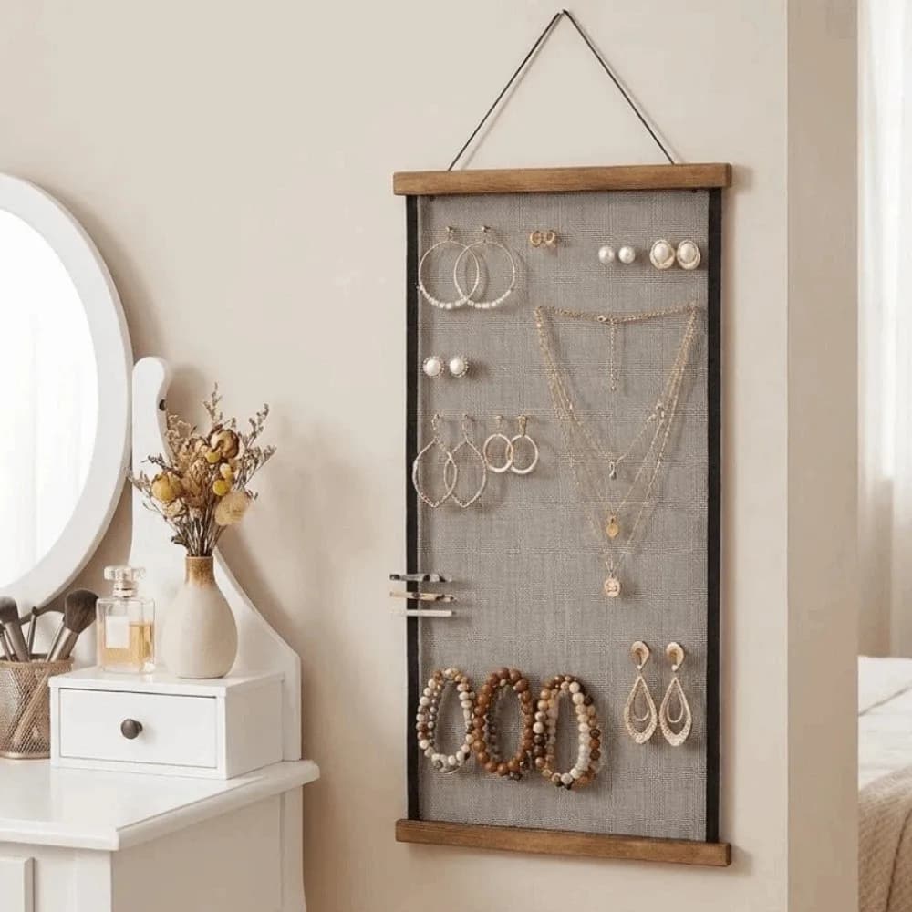 Support de rangement suspendu pour bijoux en bois avec grille en maille, gain de place, présentoir à boucles d'oreilles suspendu, grande capacité, support pour boucles d'oreilles et colliers