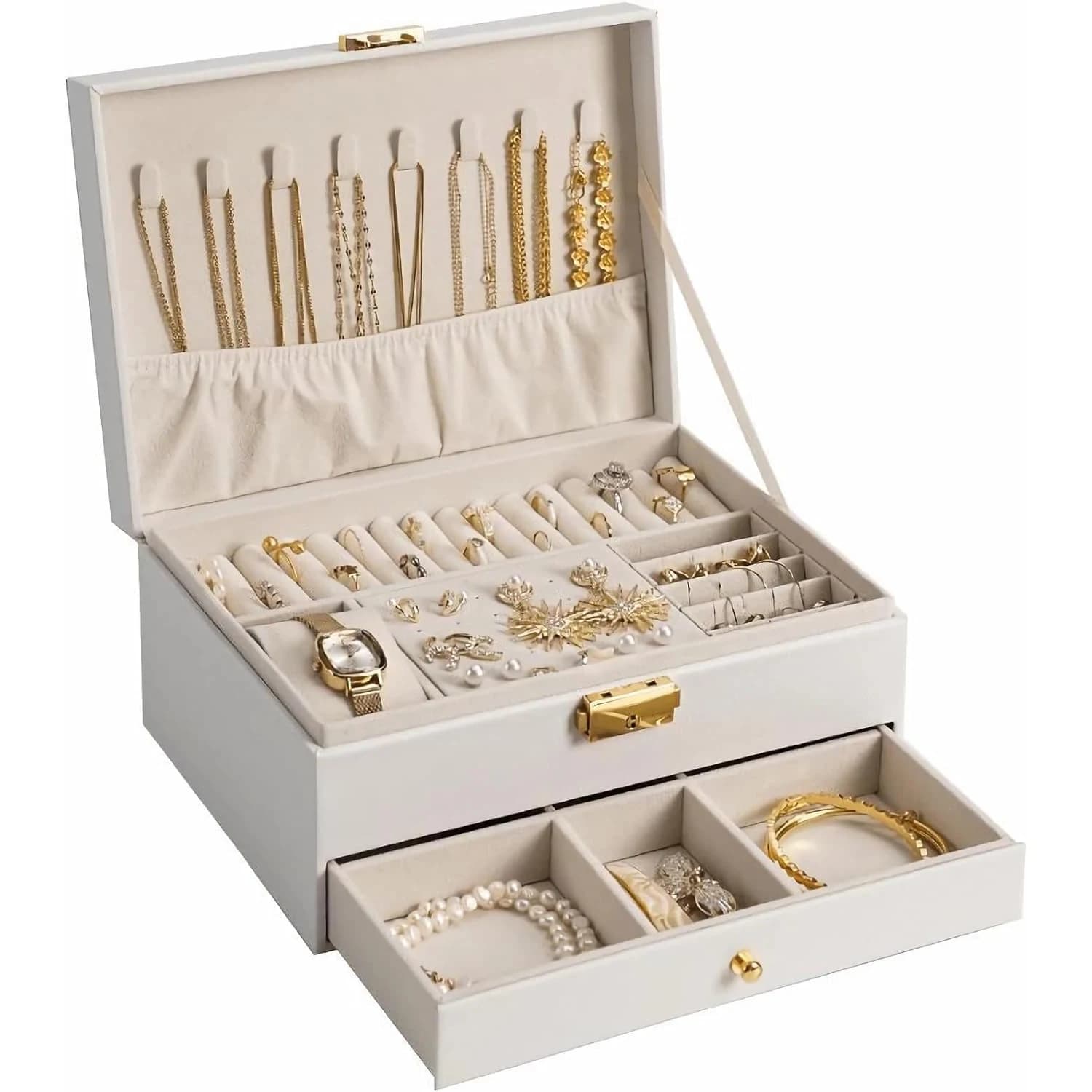 Boîte de rangement de bijoux pour femmes, grande boîte de rangement de bijoux en cuir avec présentoir à deux couches pour boucles d'oreilles, bracelets, bagues, montres