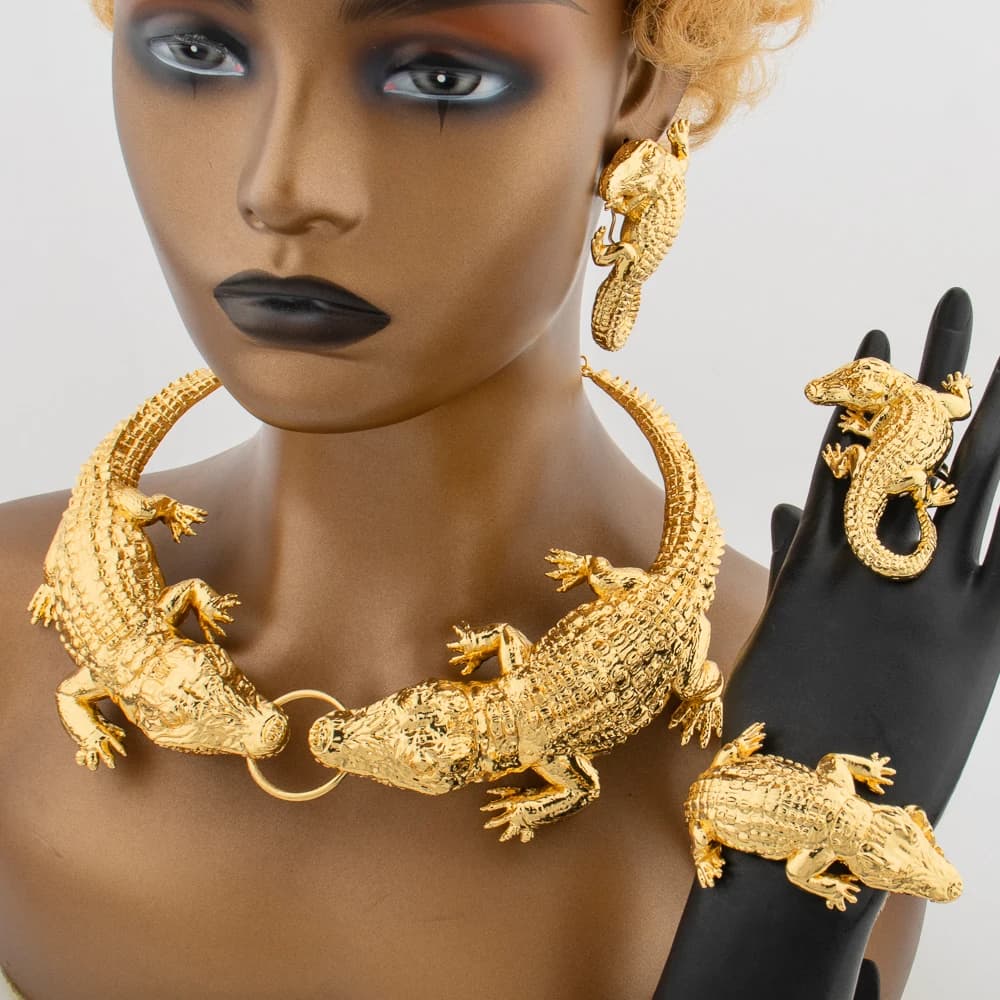 Grand ensemble de bijoux africains en crocodile pour femme, grand collier pour femme, boucles d'oreilles en or pour document arabe, bracelet, mariée, épouse, cadeau de travailleur