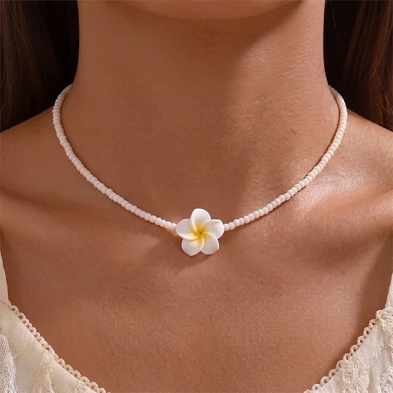 Collier Hawaïen à Fleurs pour Décoration de Fête d'Anniversaire d'Été Hawaïenne, Choker Bohème en Polymère, Cadeau Bijoux pour Femmes et Filles