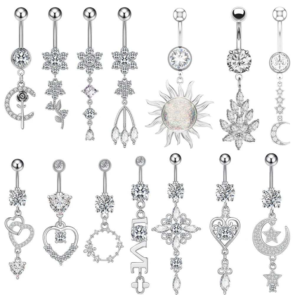 1PC Piercing de nombril long pour femme, motif fleur cœur, bijoux de corps sexy en acier inoxydable, anneaux de nombril courbés
