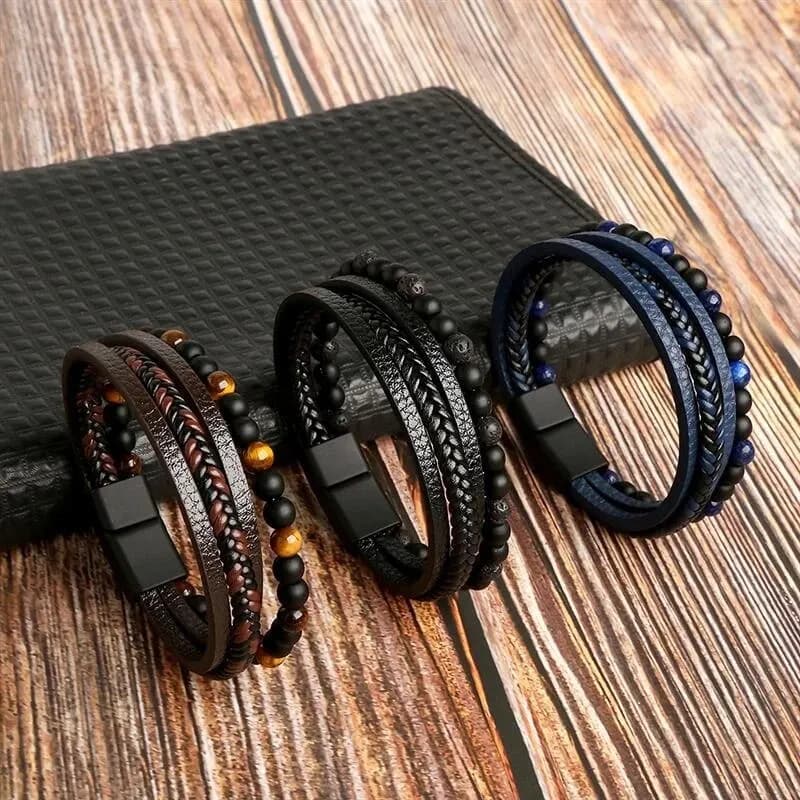 Hommes Bracelet en cuir classique mode oeil de tigre perlé Multi couche Bracelet en cuir pour hommes bijoux cadeau