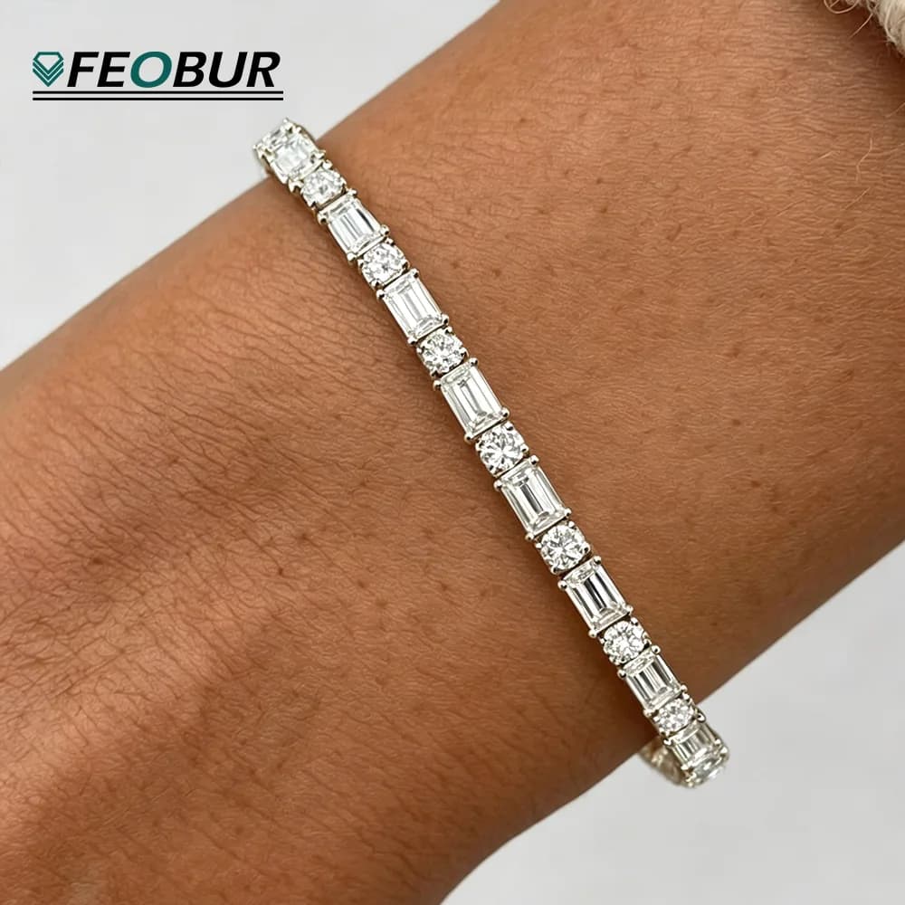 Bracelets tennis FEOBUR en moissanite taille émeraude ronde de 3 mm pour femmes