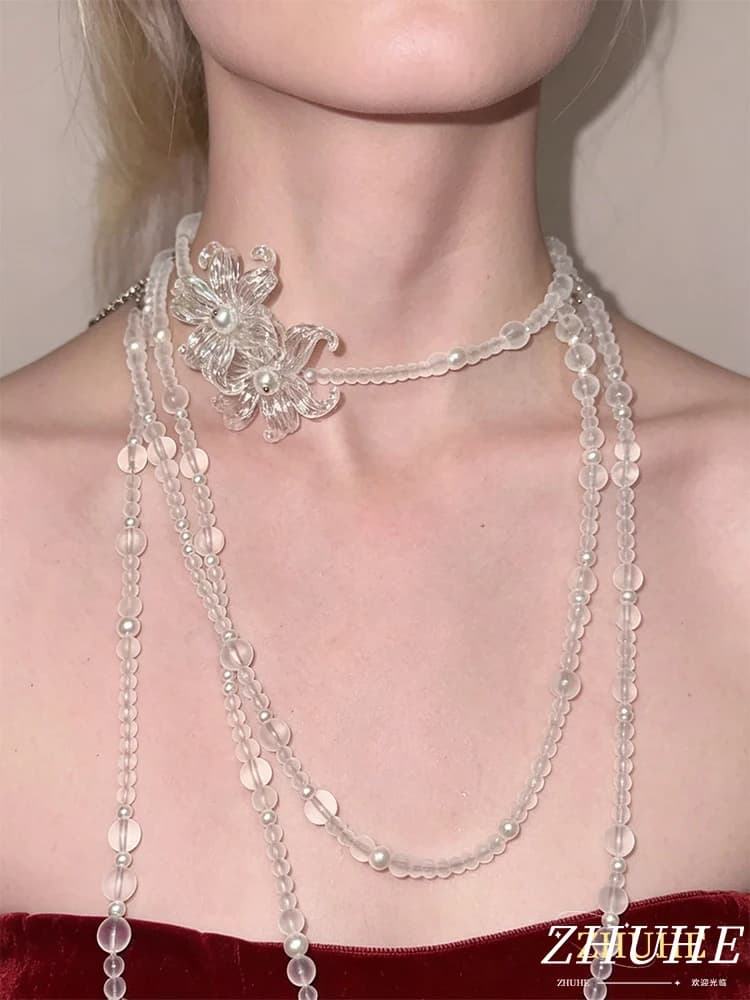 Accessoires de bijouterie pour femmes, collier superposé en perles acryliques transparentes, élégant pendentif floral, longue chaîne à pompon, style bohème S