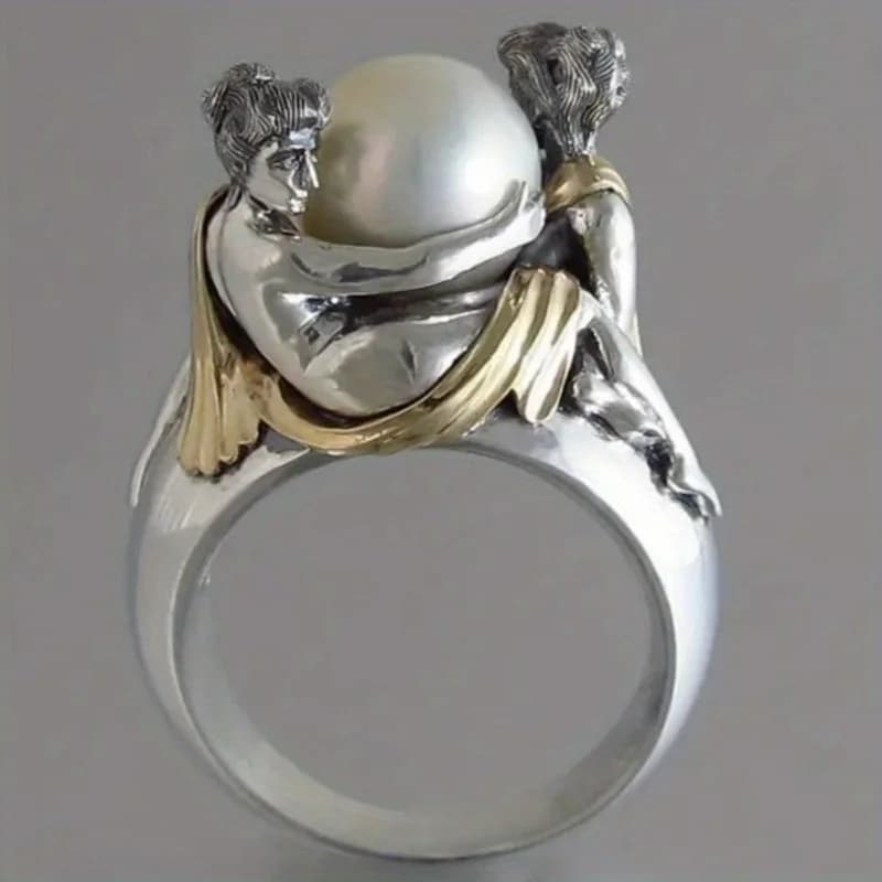 Bague vintage pour femme incrustée de fausses perles, couleur argent ethnique, sculptée à la main, pour usage quotidien, bijoux de fête, cadeau d'anniversaire