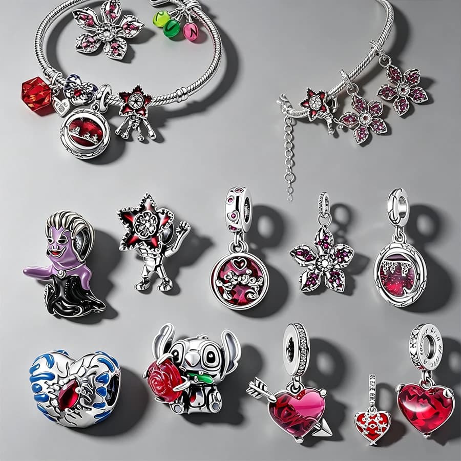 Nouveaux breloques Disney en argent sterling avec Stitch et cœur pour bracelet, perles de fleurs de cerisier rouges, pendentif DIY, cadeau