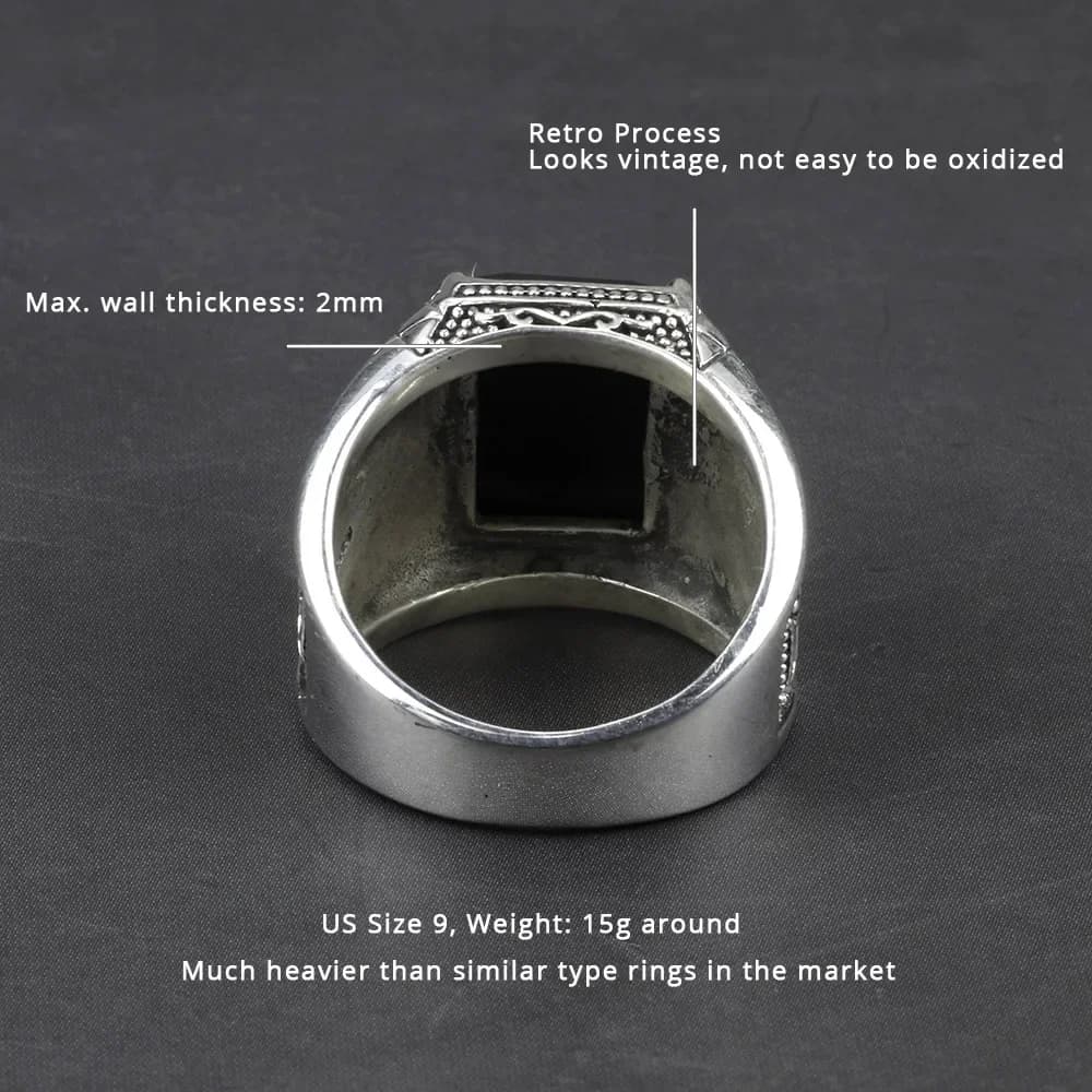 Bagues chevalière en argent Sterling 925 pur pour hommes, avec pierre naturelle d'onyx noir, fleur rétro gravée, Punk Rock, bijoux Vintage