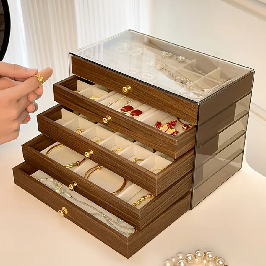 Boîte de rangement à bijoux vintage en bois à 5 étages avec couvercle transparent