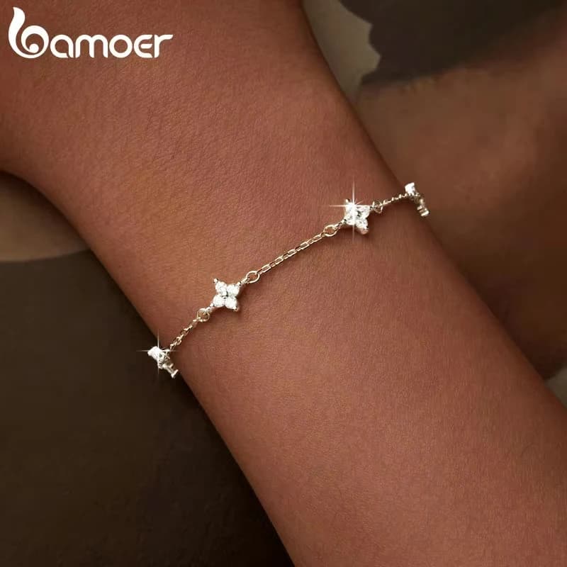 BAMOER – Bracelet en argent Sterling 925, plaqué or blanc, fleur en Zircon brillant, pour femmes et filles, bijoux de tempérament classique