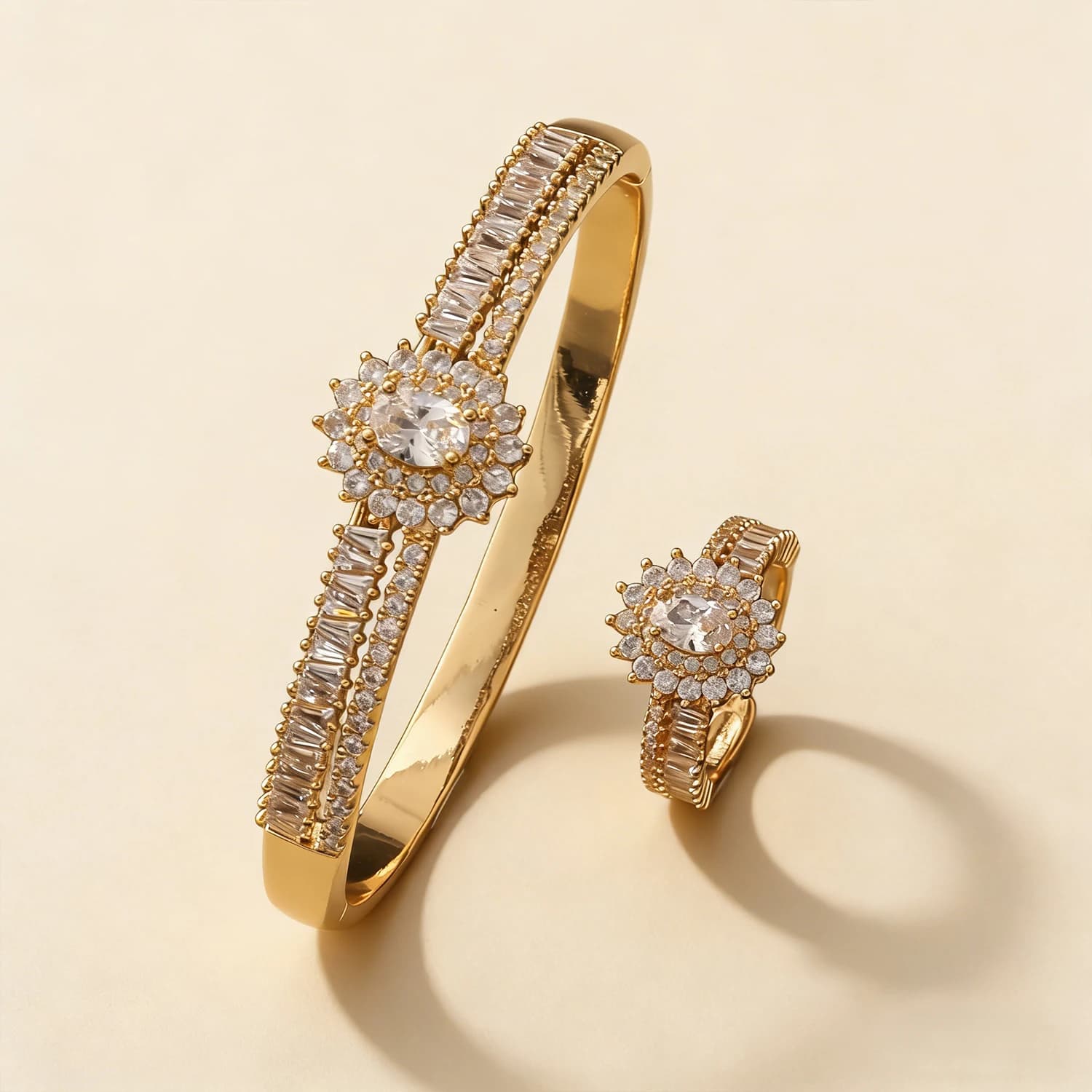 Ensemble de bijoux de luxe plaqué or 18 carats avec bracelet et bague en cristal halo tournesol et accents baguette, pour femme, cadeaux de mariage et de fête