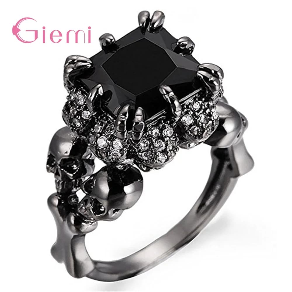 Bague crâne Style Punk pour femmes, bijoux en argent Sterling 925, breloque carré noir zircone cubique squelette Anillos Mujer pour fête