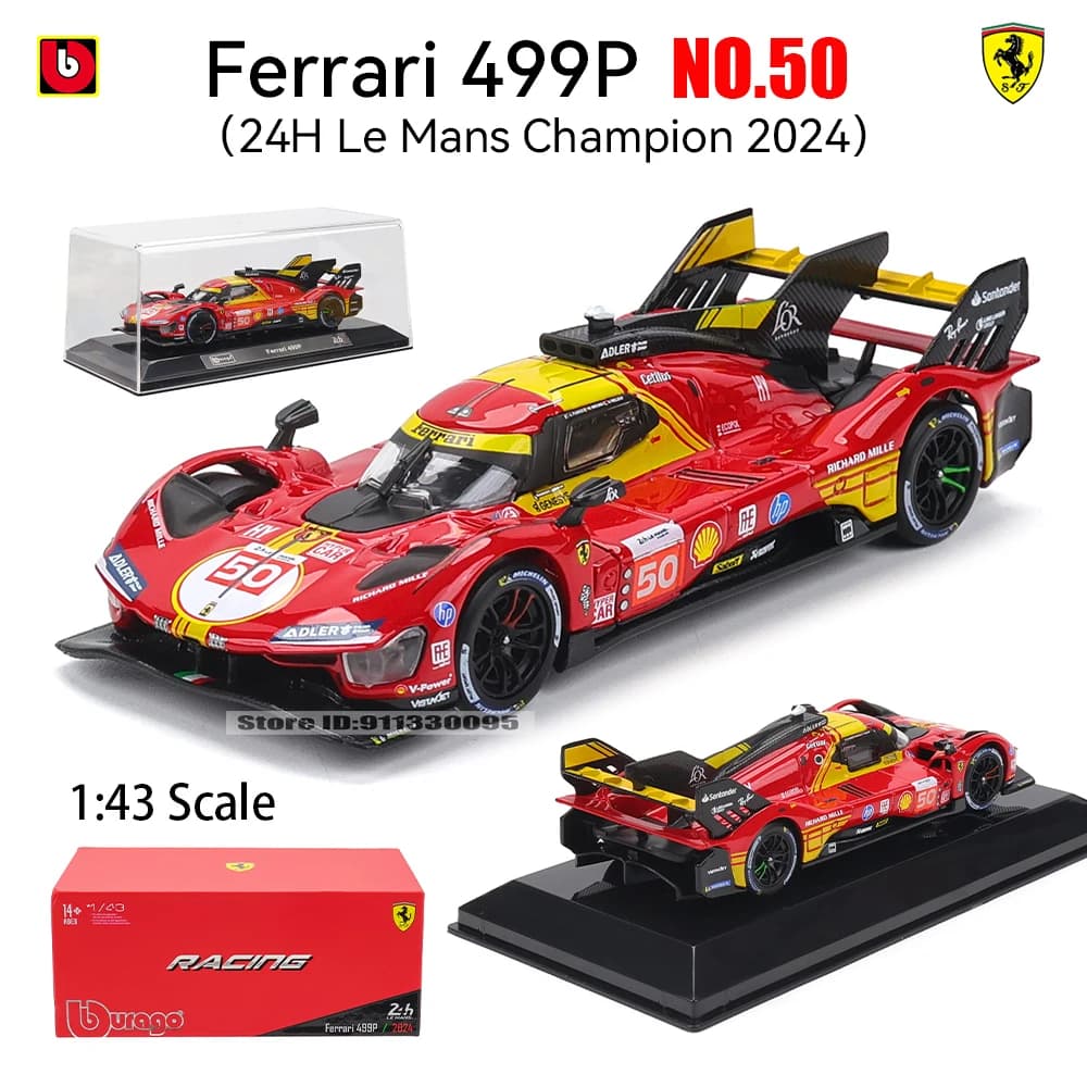Bburago 1:43 Ferrari 2024 499P No.50 24h LE MANS boîte acrylique et base alliage véhicule de luxe moulé sous pression modèle de voiture jouet Collection
