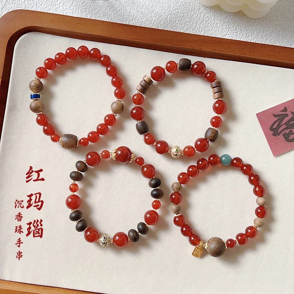 Bracelets en perles d'agate rouge naturelle pour femmes, 8MM, en bois d'agar, rétro, élastique, Vintage, pierres précieuses, bijoux fins, cadeau 1745