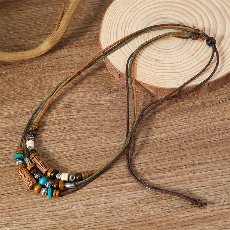Ethnique 2 pièces/ensemble multicouche Vintage perles de bois pendentif en cuir perlé tissé prière collier et Bracelet bijoux de mode cadeaux