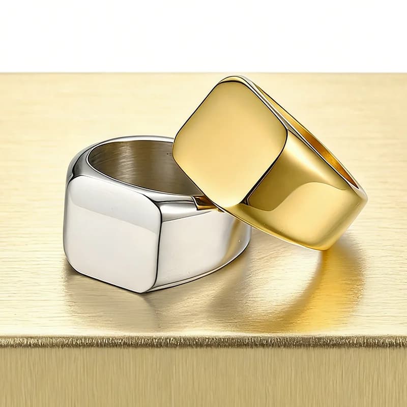 Bague chevalière dorée en acier inoxydable pour hommes, bande carrée polie, bijoux de déclaration Hip classique Hop