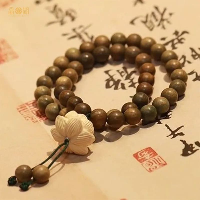Bracelets vintage en bois de lotus et perles pour hommes et femmes, bracelet élastique tissé à la main avec pendentif fleur, bijoux pour croyants bouddhistes