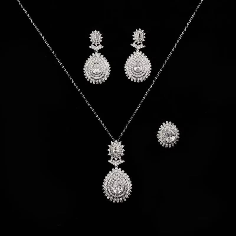Parures de bijoux HADIYANA, bijoux en zircone cubique précieux, collier, boucles d'oreilles et bague scintillants en cristal, ensemble de 3 pièces, CN4169