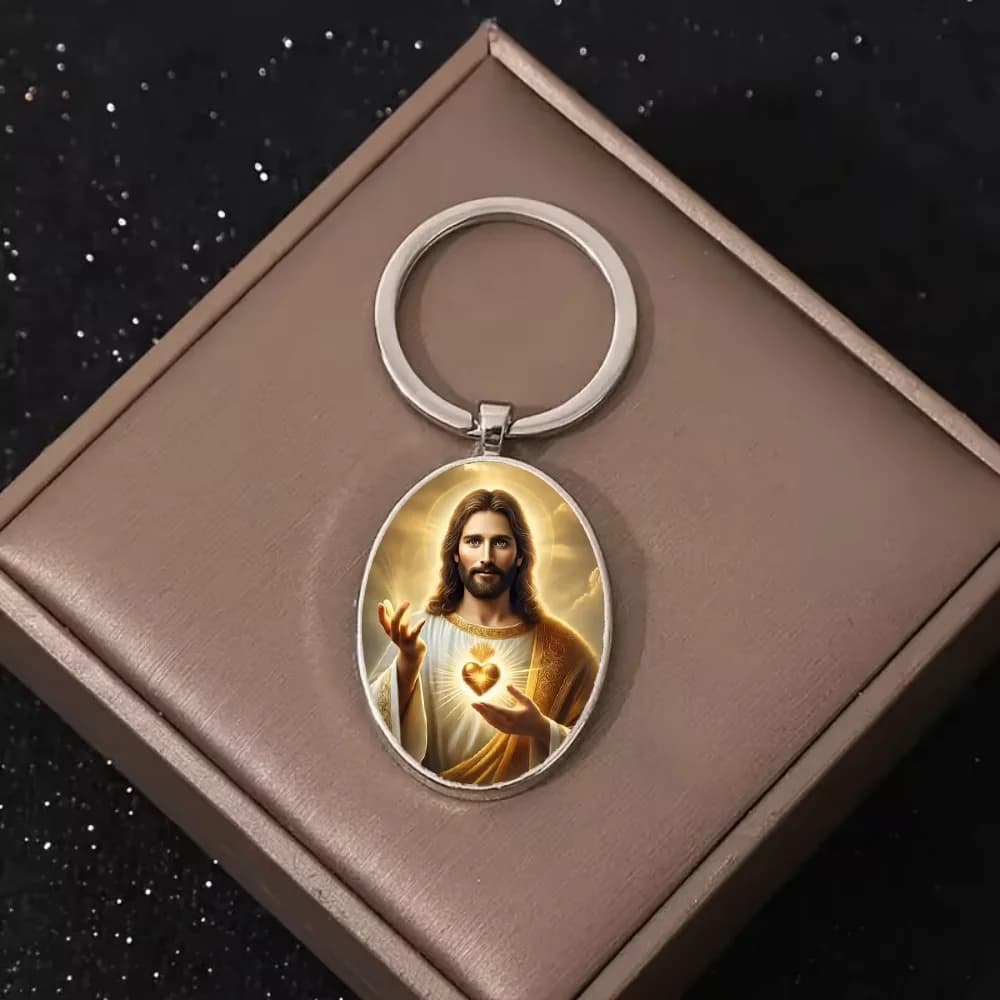 Porte-clés Saint Cœur de Jésus Lumière Sacrée, Pendentif Elliptique Pierre du Temps, Bijoux de Famille pour Anniversaire, Fête, Cadeaux Religieux