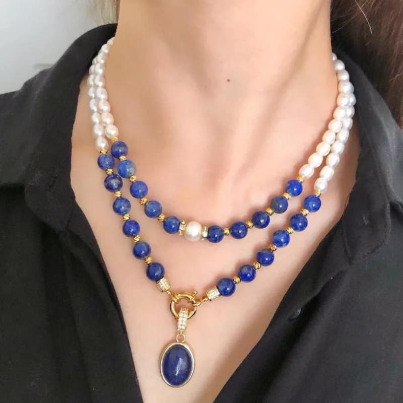 Collier double couche en Lapis Lazuli naturel avec perles mélangées