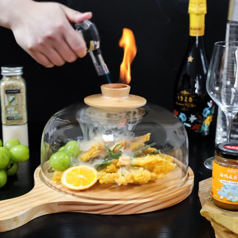 Pio de conception artistique résistant à la chaleur, verre transparent, couvercle fumé, assiette en bois, vaisselle, couvercle de fumée, ustensiles de cuisine