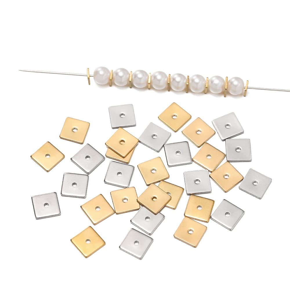 Perles d'Espacement Plates et Carrées en Acier Inoxydable de 4/5/6/8mm, Petit Trou en Métal, pour Bricolage de Bracelet, Collier, Bijoux, Fournitures de Direction, 50 Pièces