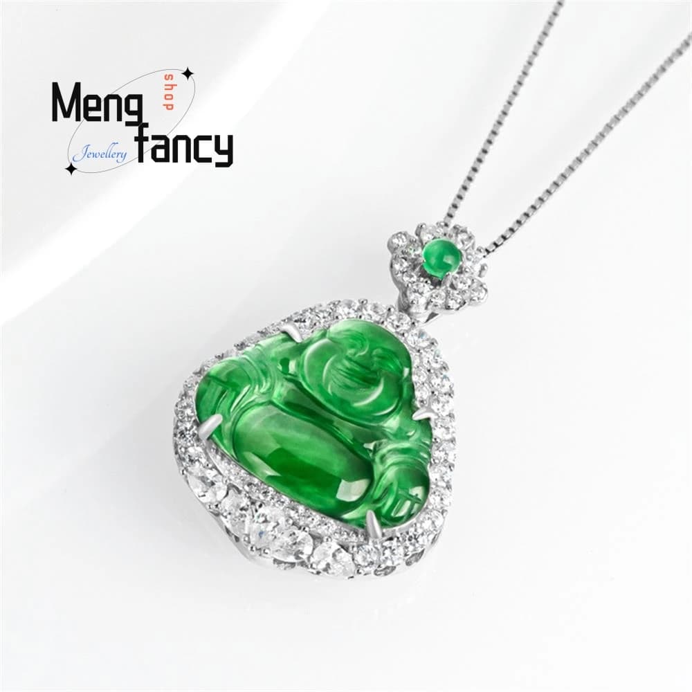 Pendentif en jadéite naturelle Yang, bouddha Maitreya vert S925 incrusté d'argent, Jade de glace, haute qualité, bijoux fins à la mode exquis