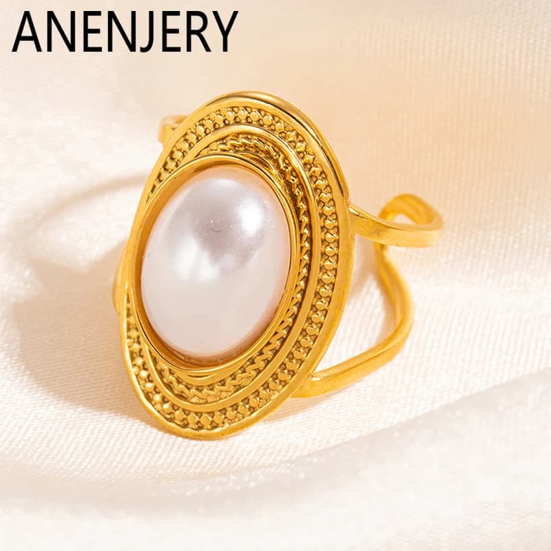ANENJERY-Bague elliptique en acier inoxydable pour femme, bijoux vintage, perles, vente en gros, cadeaux de niche, 216.239.