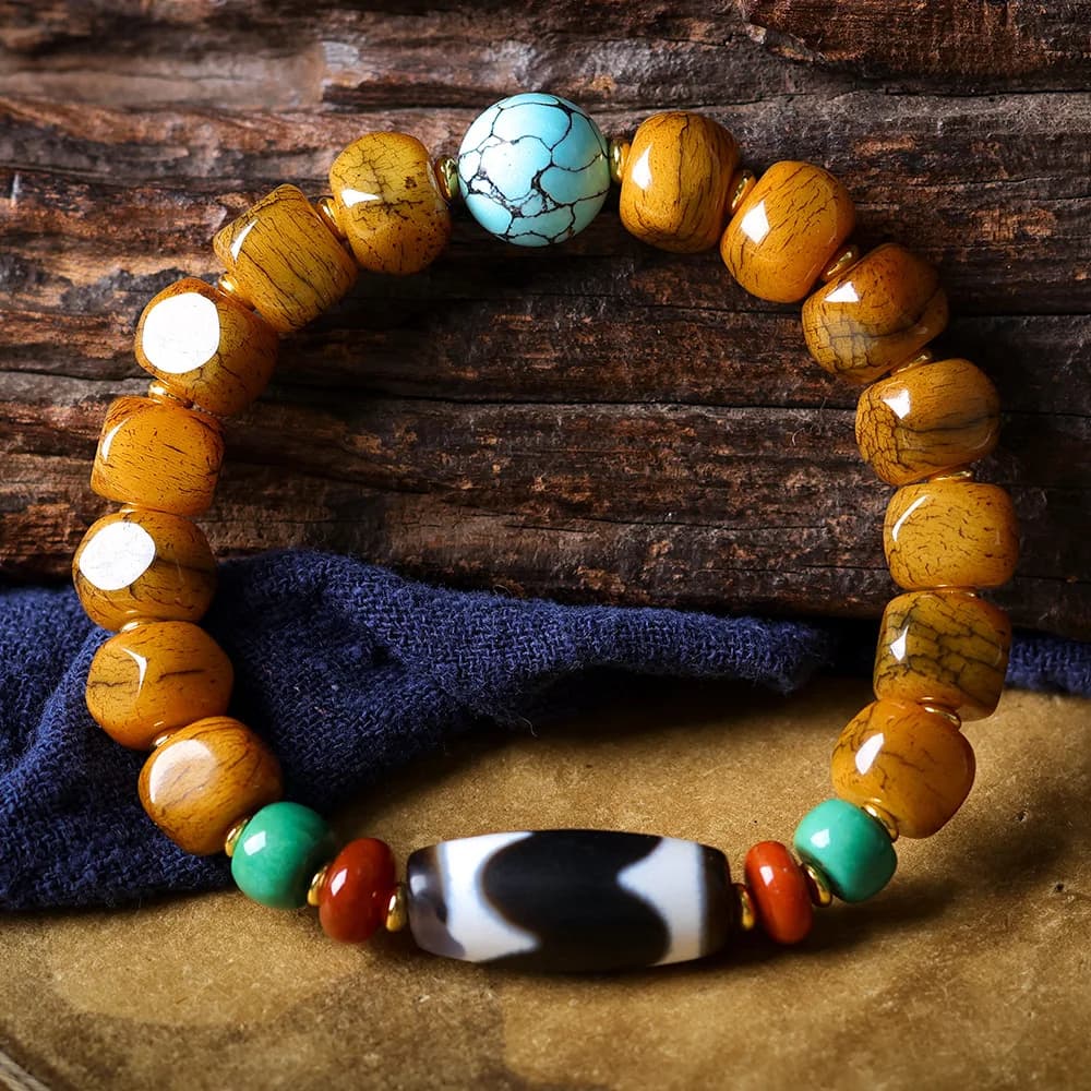 Bracelet de style tibétain en os de yak craquelé, perles carrées, perles Dzi dents de tigre, aspect turquoise, bijoux ethniques, cadeaux