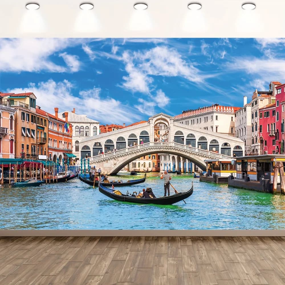 Toile de fond de Venise pour la photographie, authentique paysage de gondole italien, près du pont iconique du Rialto, décorations de fête italiennes
