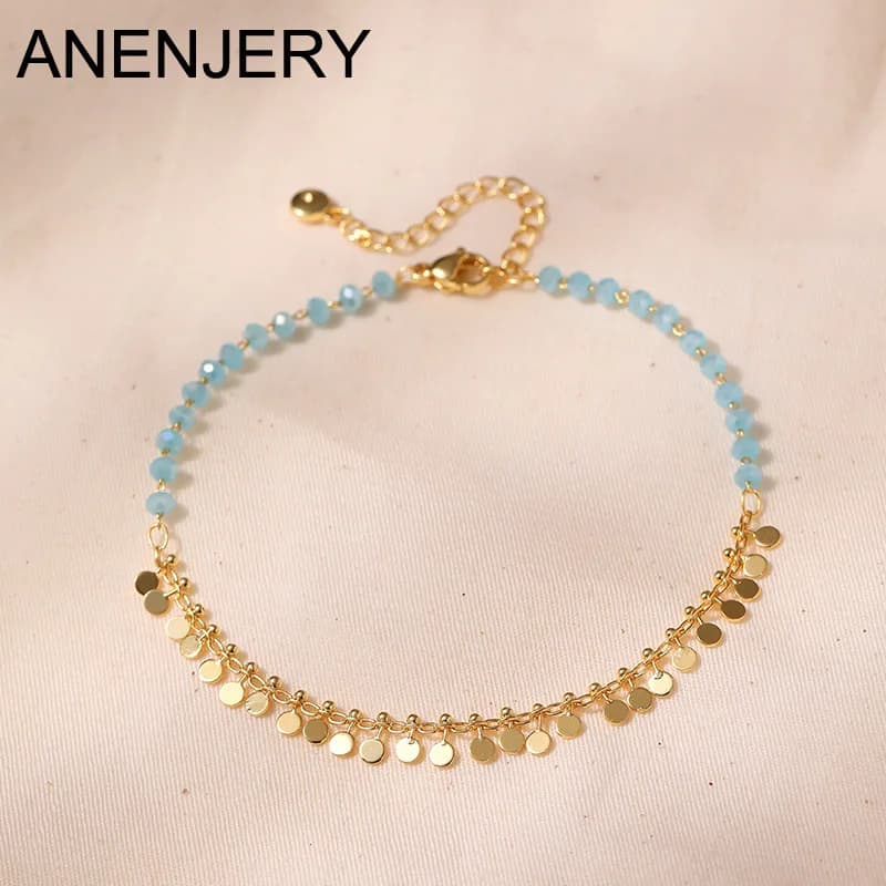 ANENJERY 18K plaqué or glands breloque cheville pour femmes Boho été Bracelet pierre bleue perlée bijoux faits à la main en gros
