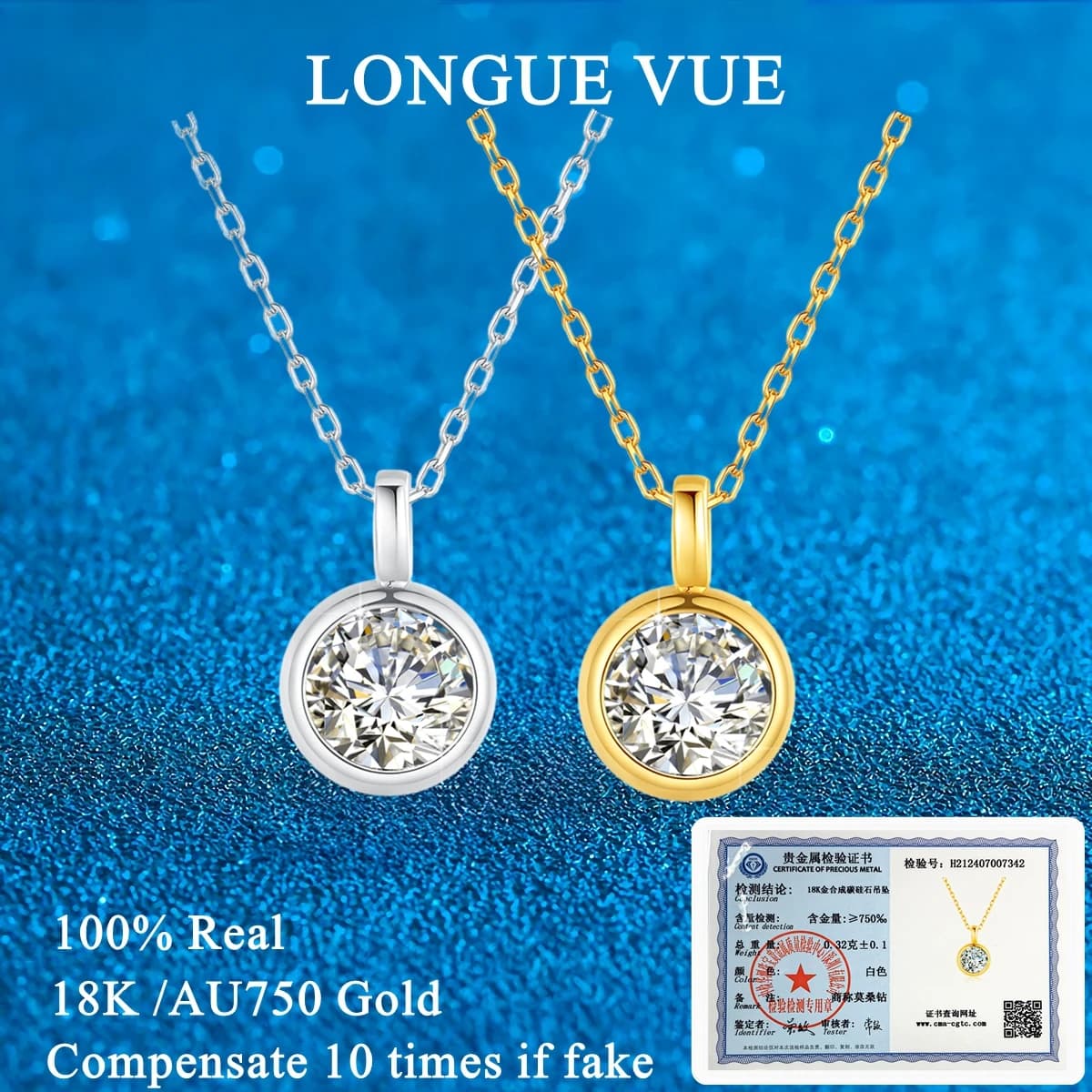 Pendentif en or 18 carats avec moissanite 1 carat, véritable or AU750, style minimaliste, collier solitaire pour femme, cadeau de fiançailles ou de mariage, bijoux fins