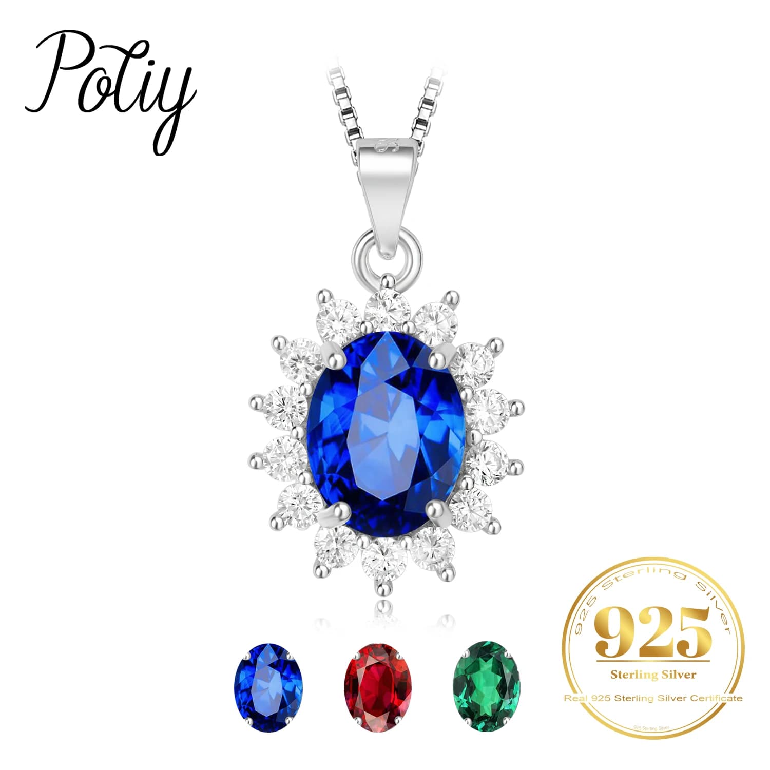 Collier pendentif Potiy ovale 2,67 ct en saphir, rubis et émeraude synthétiques Diana, sans chaîne, en argent sterling 925, bijoux de fête pour femme