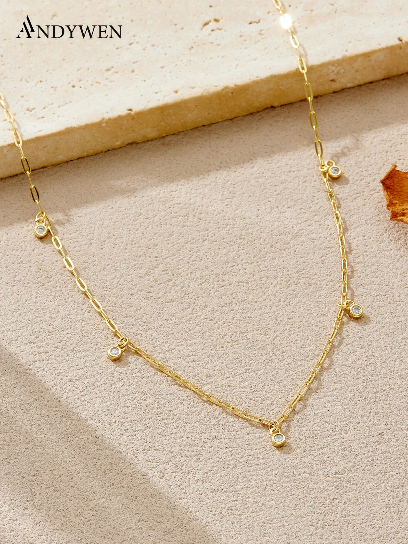 ANDYWEN Collier à breloques minimaliste en argent 925, bijoux en chaîne d'accent CZ, cadeau élégant pour femme, bureau chic à porter au quotidien