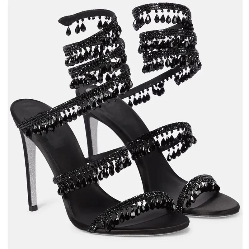 Nouvelles sandales femme 2026 à strass, chaussures à pampilles et cristaux, sexy pour banquets et soirées, à double talon aiguille, grandes tailles