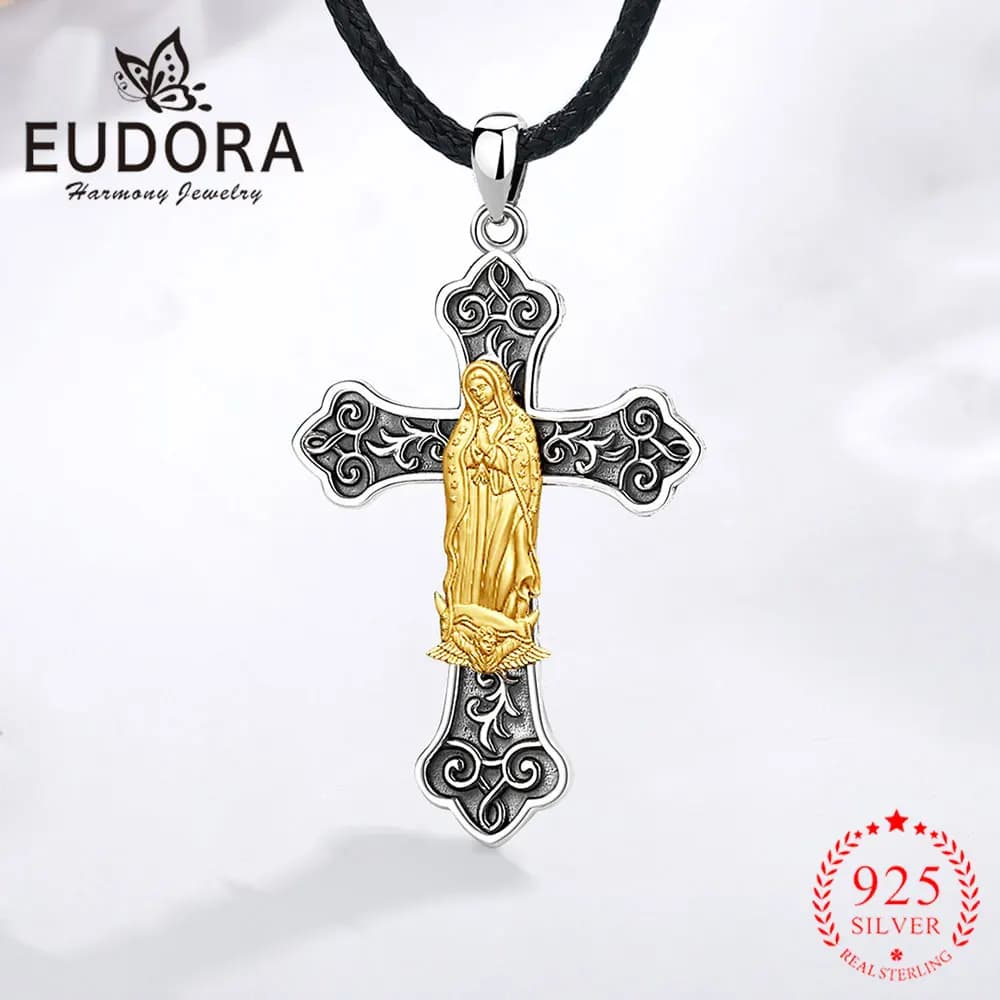 Collier Eudora en argent sterling 925 avec pendentif croix Vierge Marie pour homme, femme, Mère de Dieu, bijoux religieux, cadeau pour la fête des mères