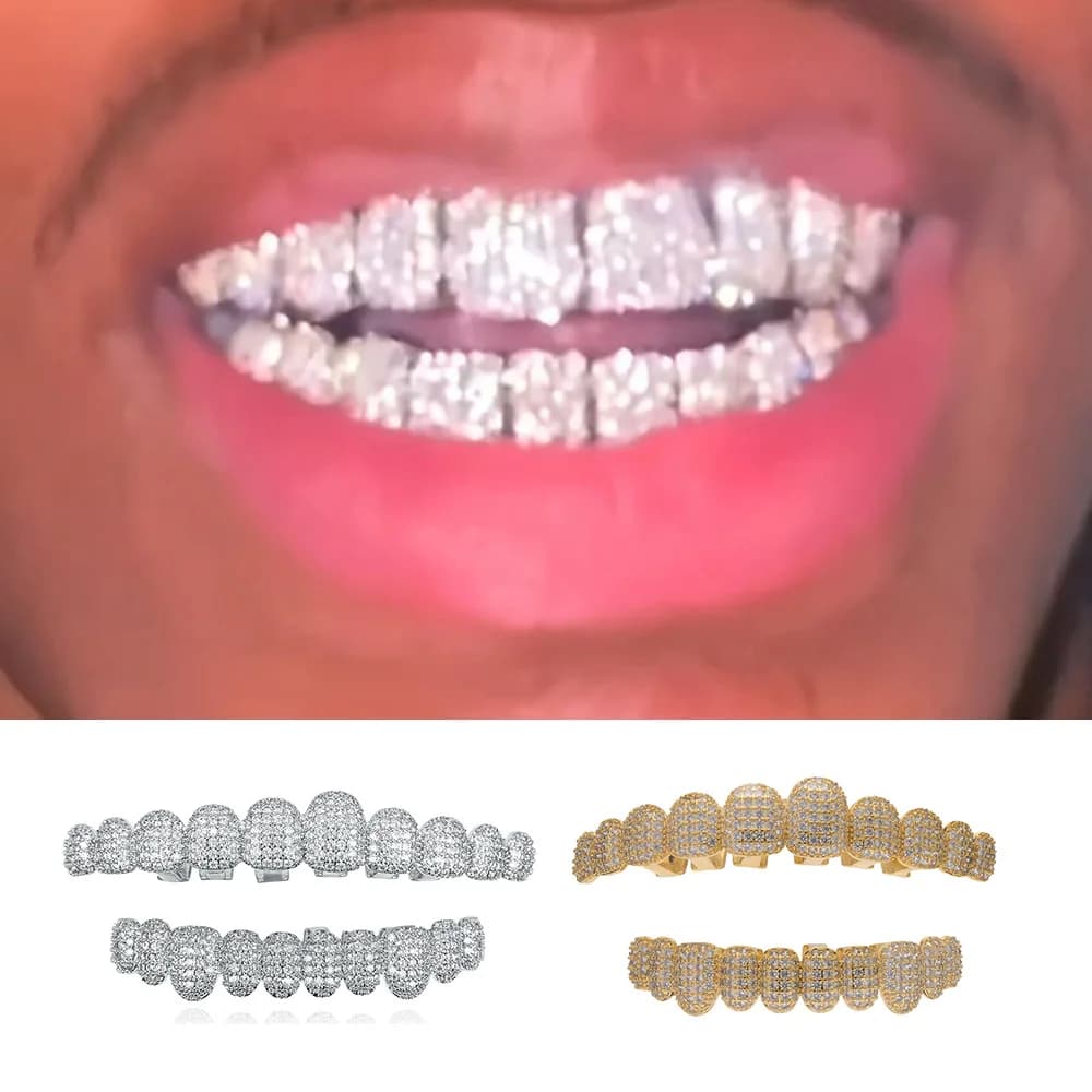 YOUNGX 10/10 haut bas glacé complet CZ pierre dents Grillz bretelles Hip Hop brillant Zircon dent casquettes pour femmes hommes bijoux Cosplay