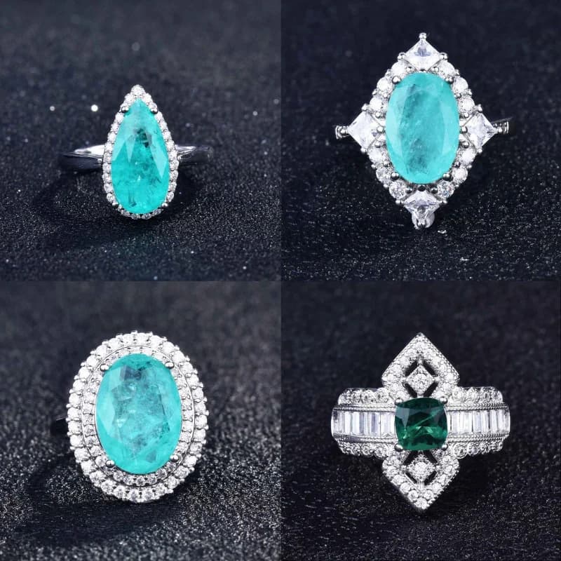 Un ensemble de bijoux en argent luxueux de forme géométrique avec pierres précieuses Parairaite pour femmes, orné d'un ensemble de diamants miniatures. Bijoux.