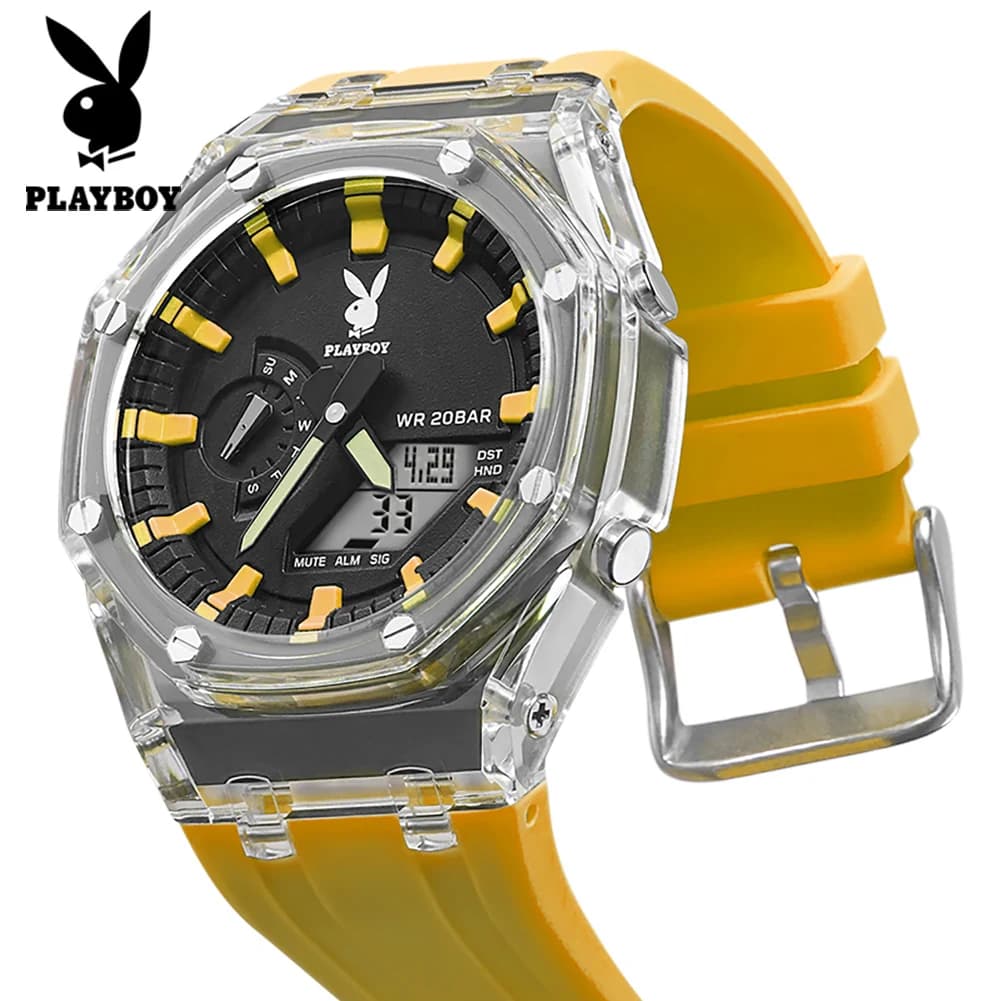 PLAYBOY Montres de luxe pour homme, montre électronique, bracelet en caoutchouc, étanche, montres de sport décontractées pour homme 2066