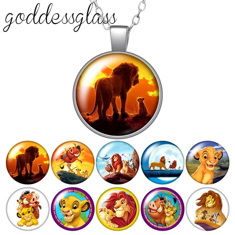 Collier avec pendentif en verre rond, motif Lion King Simba Family King of the Forest, plaqué argent/Bronze/cristal, bijoux, cadeau