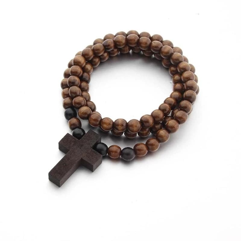 F42f crucifix jesus bracelet en bois collier pendentif pour hommes perles en bois sculptées chapelet long collier juif