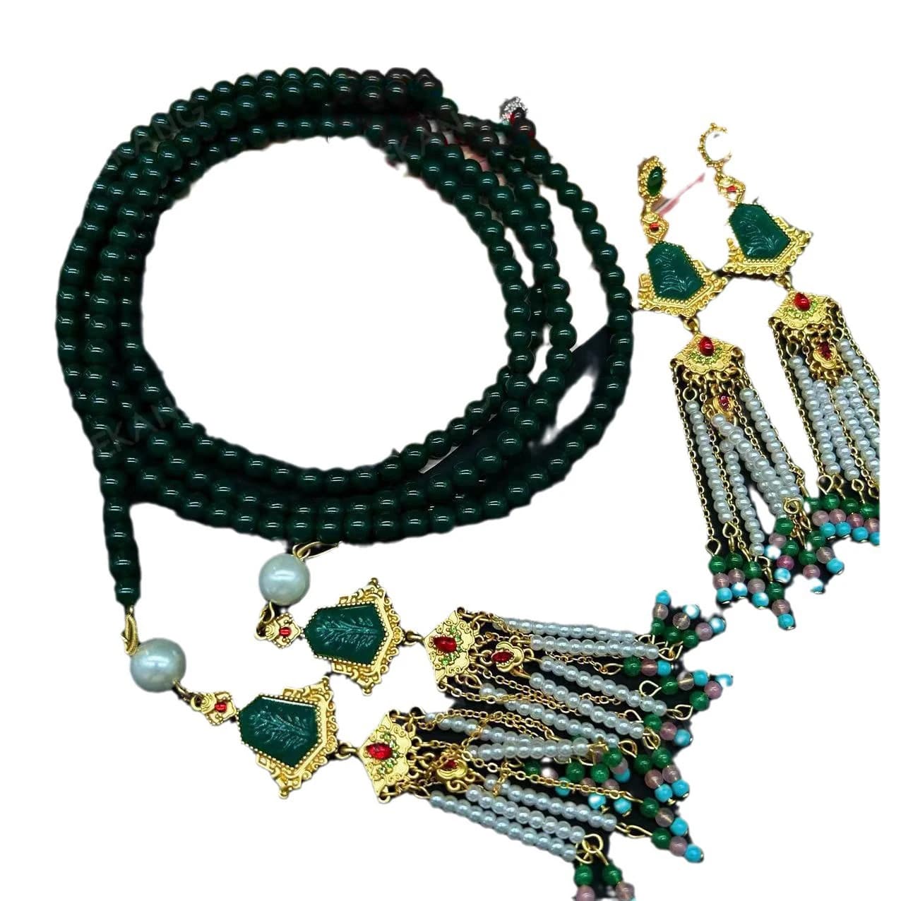 Nouveau Collier et boucles d'oreilles totem à thème ethnique de perles à franges de Style chinois