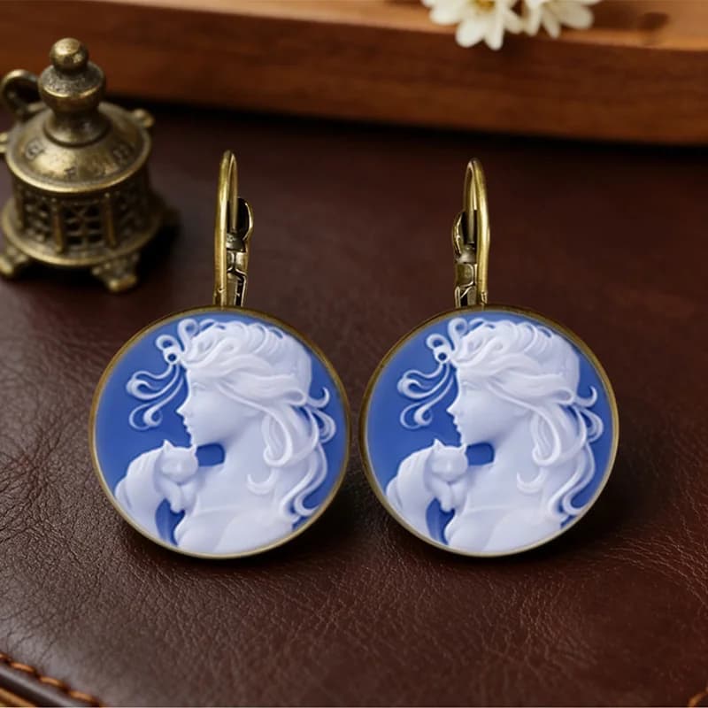 Boucles d'oreilles vintage en verre cabochon avec portrait camée, bijoux plaqués bronze, bijoux d'art pour femmes