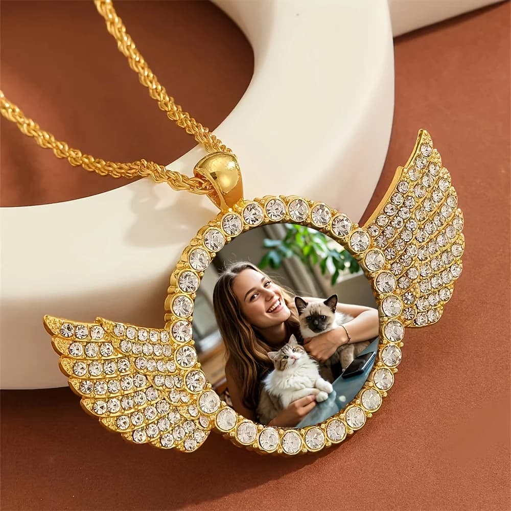 Collier photo rond personnalisé aile d'ange