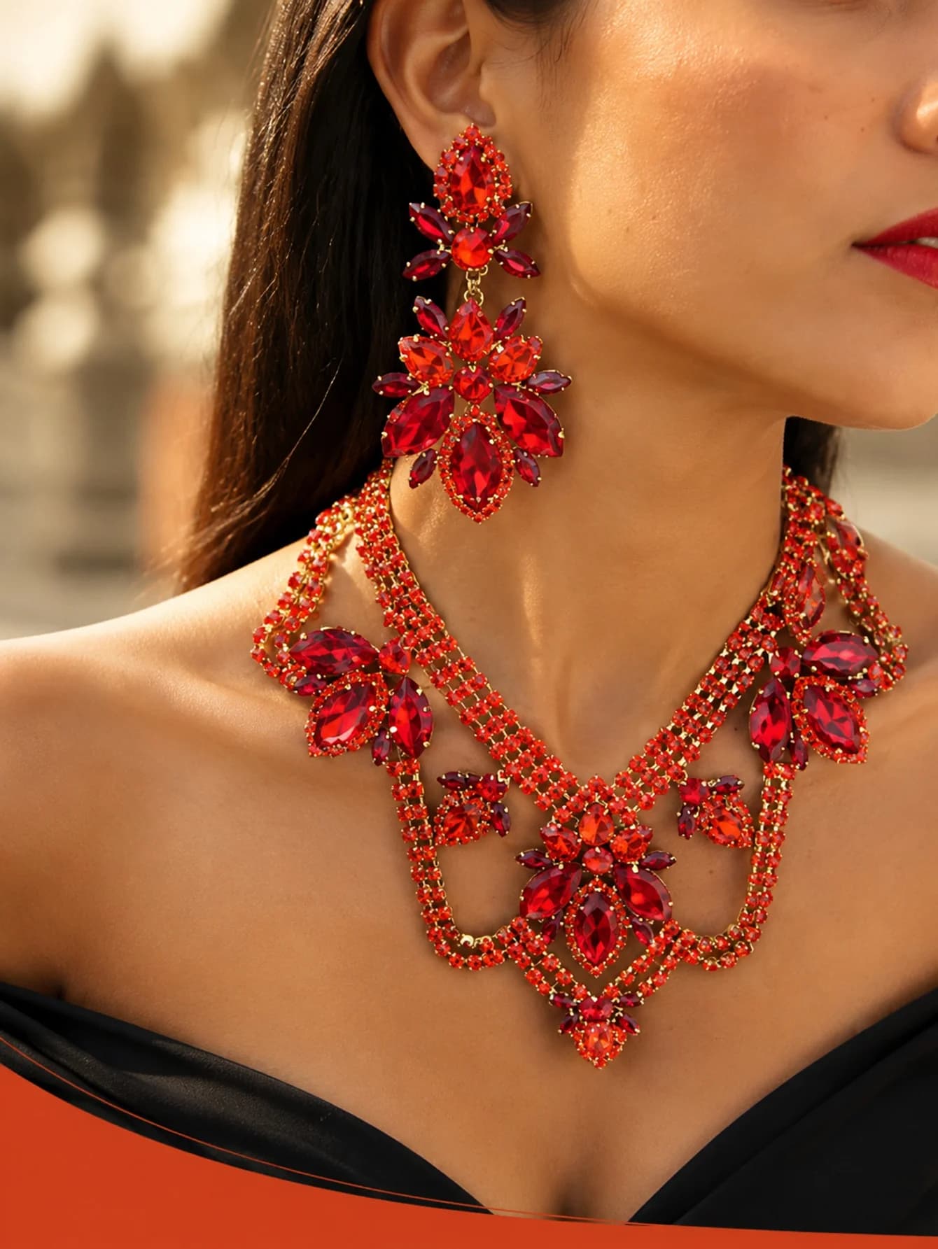 Parure de collier rouge CUIER avec boucles d'oreilles imposantes, accessoires de bijoux polyvalents pour robes de soirée, mariages, style occidental pour femmes