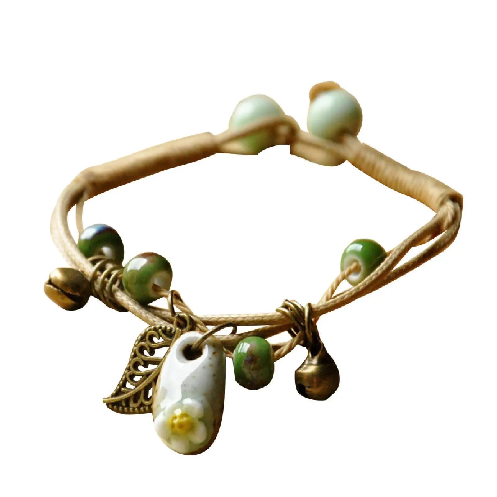 Bracelet en céramique artisanal à breloques florales pour femmes et hommes, chaîne réglable, style ethnique, cadeau de bijoux