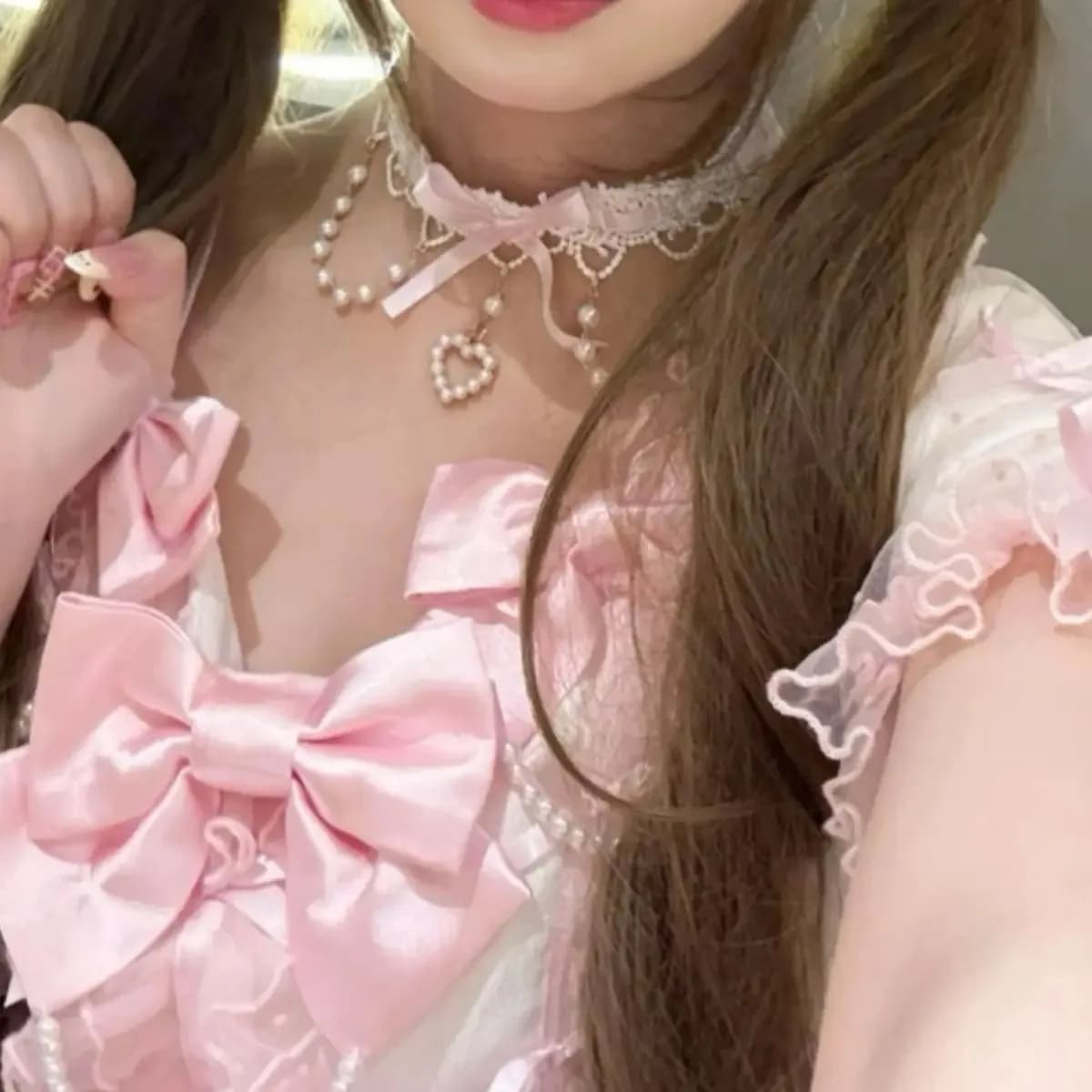 Collier en dentelle perlée Sweet Lolita Y2K avec ruban pour femme, breloque nœud papillon, ras-de-cou pour filles, bijoux de style romantique et mignon